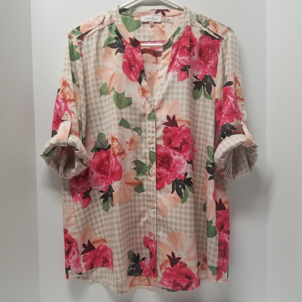 Calvin Klein Floral-Print & Gingham Check Button Front Blouse - Picture 10 of 13